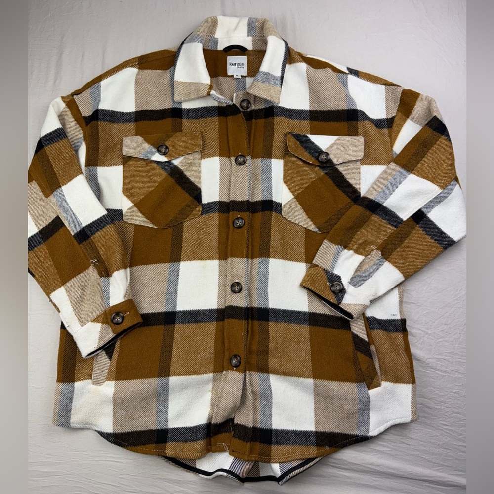 Kensie jeans Tan and White Plaid flannel jacket Shirt size medium